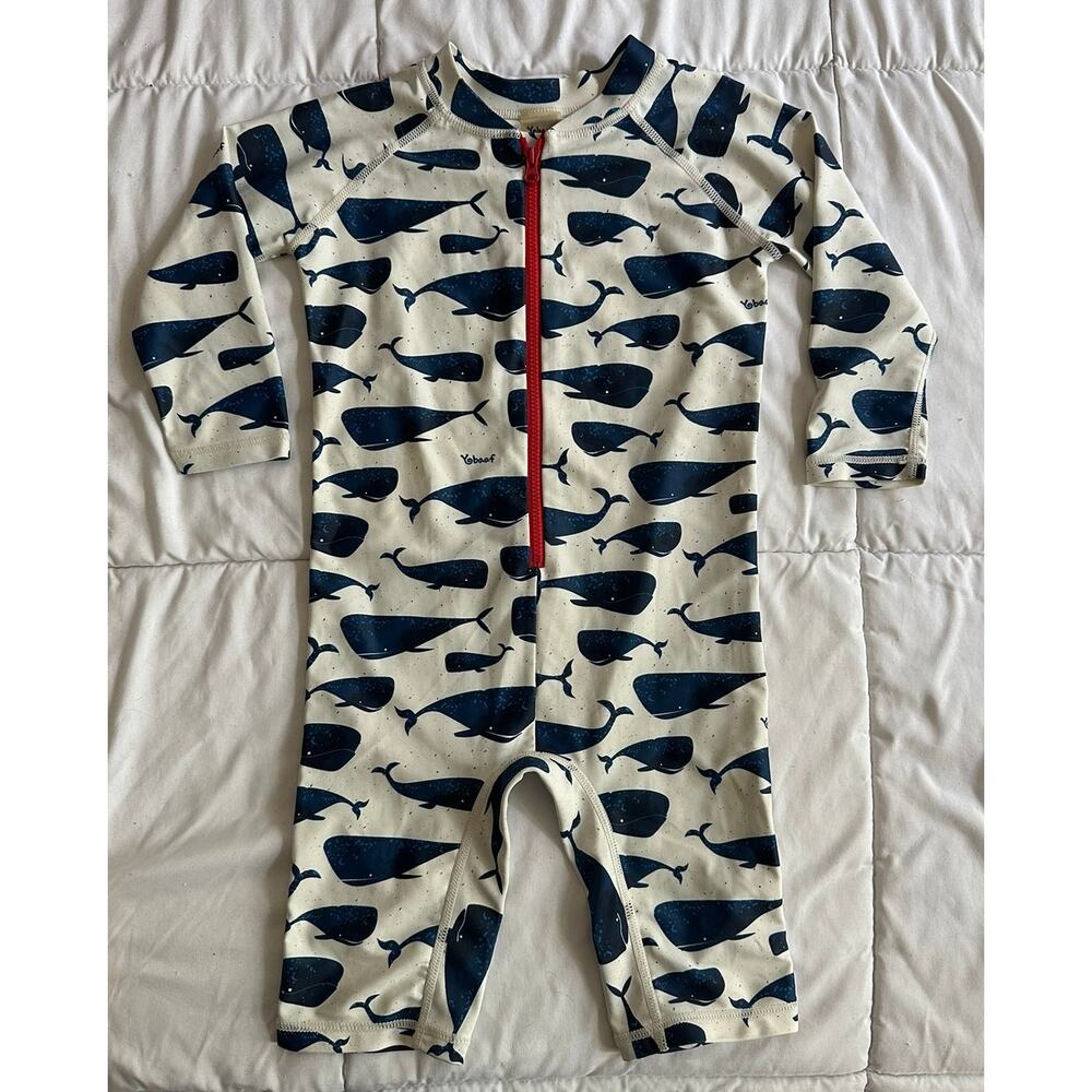 Toddler One Piece SwimSuit Zip Up Whales Nautical Blue Sz 2-3